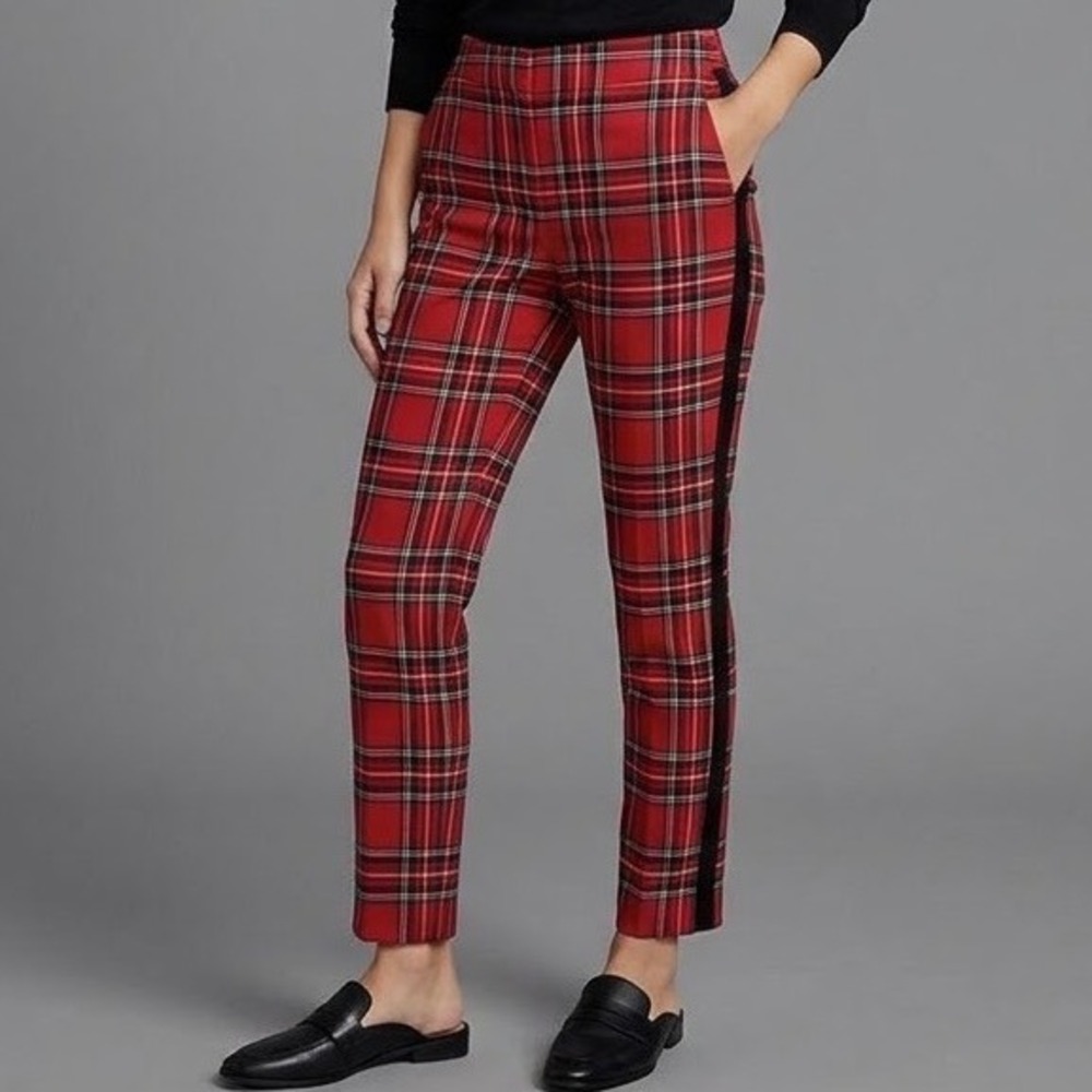 Talbots Red Plaid Slim Ankle Pant Velvet Stripe Wool Blend Wms 2P Preppy Grunge
